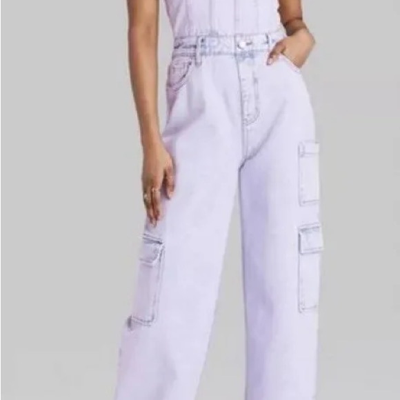 Wild Fable Off White Denim Cargo Wide Leg Tube Jumpsuit size X-Small - Picture 3 of 3